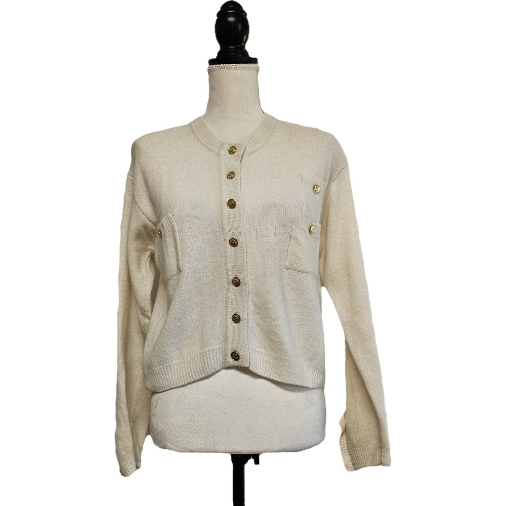 Vintage 80s Forenza Angora Lambswool Ivory Button Front Cardigan Size‎ M Preppy